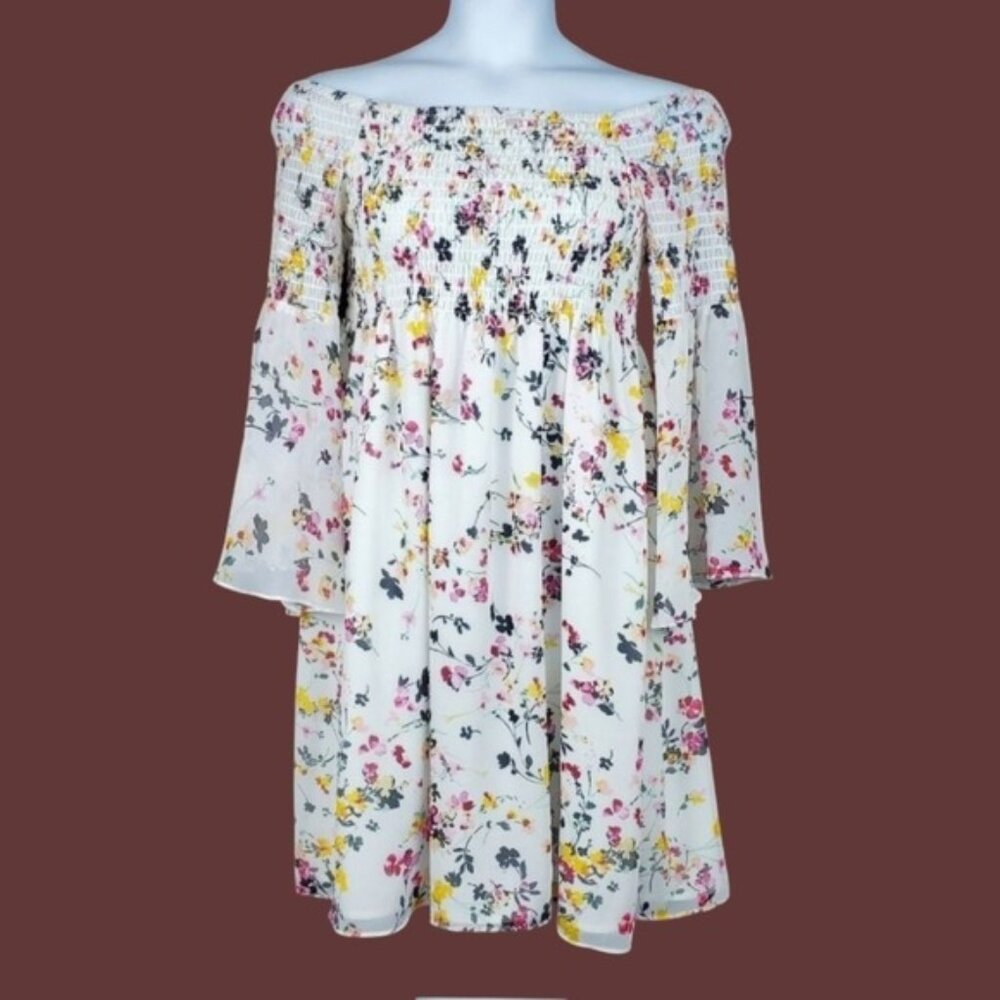 Sam Edleman Womens Flare Sleeve White Off The Shoulder Floral Dress Size 14